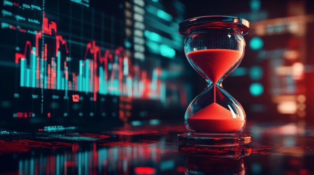 Hourglass with stock market charts in background, symbolizing time and finance.