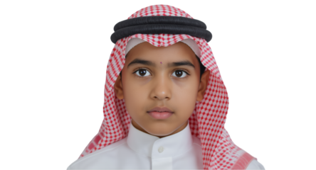 Close Up Portrait of a Young Middle Eastern Boy in Traditional Dress on Transparent Background
