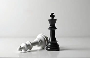 Chess pieces with king victory defeat concept. Black king standing next to fallen white king. Game, strategy, competition, defeat, loss, winning, success or failure, rivalry.