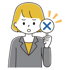 回答札を持つビジネスウーマンのイラスト　バツ　不正解