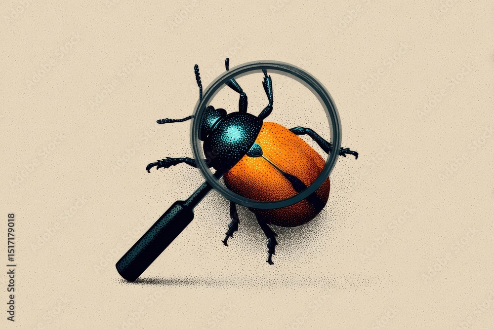 Poster illustration features a magnifying glass examining a bug icon with a minimalistic design emphasizing