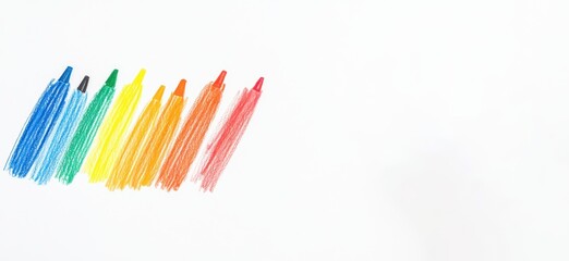 Fototapeta premium Colorful markers arranged in a line on a white background ideal for educational materials, art projects, and creative expressions in various settings.