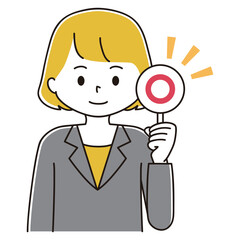 回答札を持つビジネスウーマンのイラスト　マル　正解