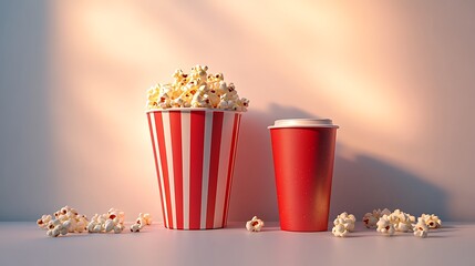 realistic cinema 3d popcorn bucket and soda cup mockup on white background studio light reflections and shadows vibrant colors
