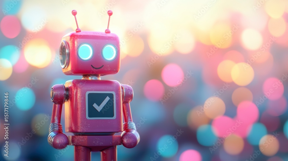 Poster cute red robot with checkmark, bokeh background.