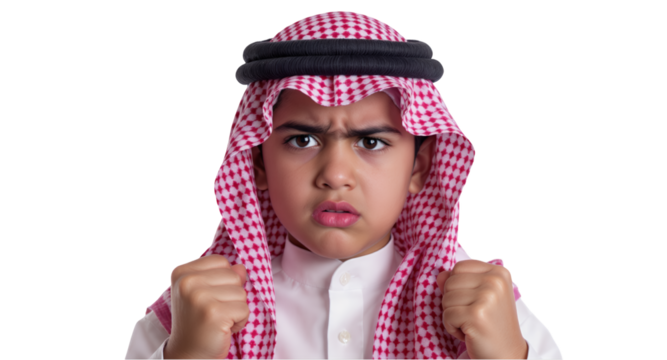 Serious Young Middle Eastern Boy in Keffiyeh with Clenched Fists on Transparent Background