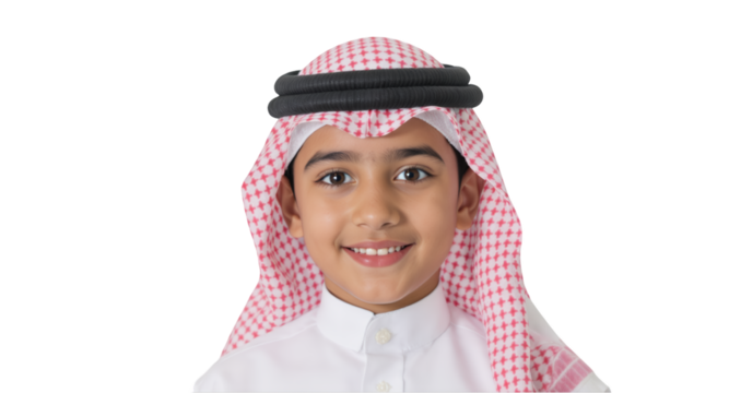 Smiling Saudi Boy Wearing Traditional Headdress Isolated on Transparent Background Clip Art
