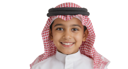 Smiling Young Boy in Traditional Arabic Attire with Transparent Background Portrait Headshot Happy Face and Traditional Keffiyeh and Agal Outfit Perfect for Cultural Events