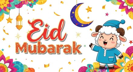 Obraz premium Eid Mubarak greeting card with cute cartoon sheep and Islamic decorations.