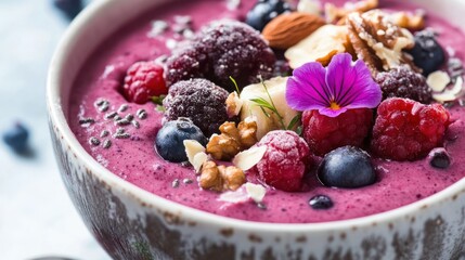 Vibrant Berry Smoothie Bowl with Nuts and Edible Flower