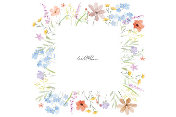 Colorful meadow wildflowers watercolor botanical background frame. Spring and summer Background watercolor arrangements with small flower. Botanical illustration minimal style.