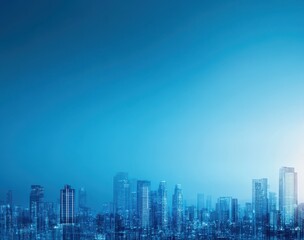 Vibrant City Skyline at Dusk with Blue Hue and Illuminated Buildings Capturing the Essence of Urban Life and Modern Architecture in a Calm Atmosphere