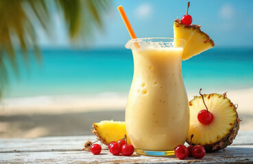 Pina colada smoothie cocktail with pineapple and cherry garnish. Delicious refreshing drink, tropical vibes, beach background. Summer vacation mood at ocean shore.