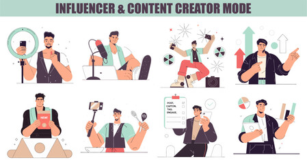 A set of 8 flat illustrations depicting diverse influencers and content creators engaged in various activities, from recording videos and podcasts to managing content and analyzing data, symbolizing