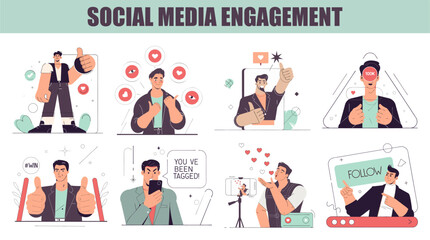 A set of 8 flat illustrations depicting various aspects of social media engagement, including likes, shares, followers, and user interaction, symbolizing digital communication and online popularity.