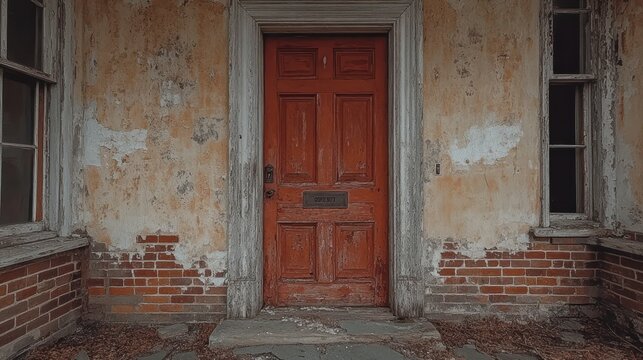 Old red door on weathered building - Powered by Adobe
