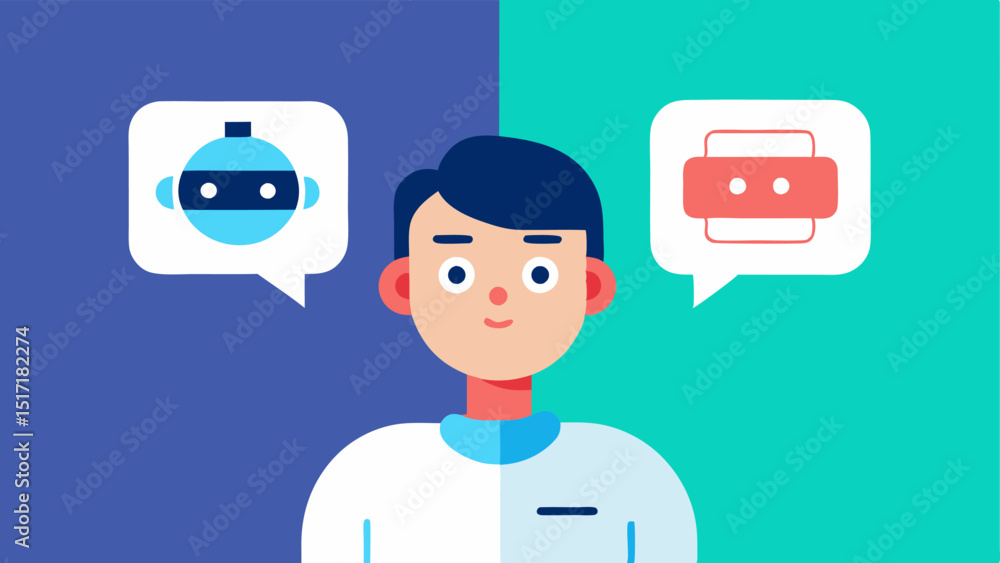 Poster advice conversation a splitscreen illustration where a patient is conversing with a chatbot with one