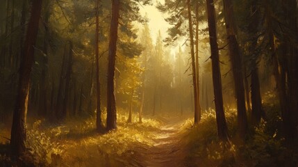 Sunlit Forest Path: A Painterly Landscape of Trees and Light