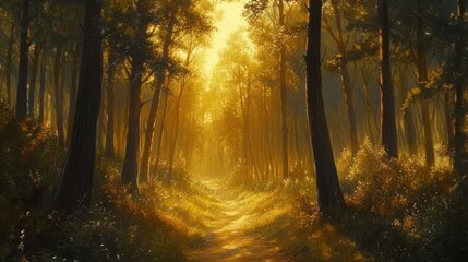 Golden Hour Forest Path: Sunlight Illuminates a Serene Woodland Trail