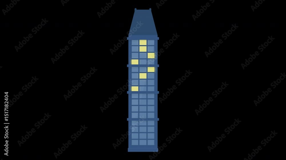 Poster stylized isolated building on a transparent background with animated lighting simulation