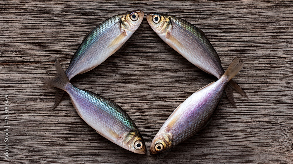 Poster fresh fish arranged in a circular pattern on rustic wooden surface showcasing vibrant colors and tex