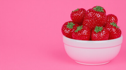 White bowl filled with fresh strawberries on bright pink background, sweet fruit composition for healthy snack or summer food concept
