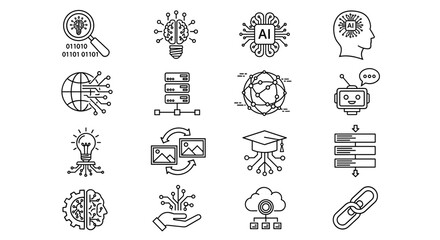 Collection of sixteen distinct ai themed icons in a clean and modern line art style illustration on transparent background