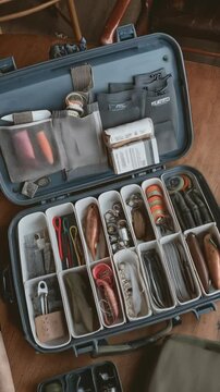 Overhead view of an open fishing tackle box on a wooden surface with various fishing equipment inside in organized compartments.