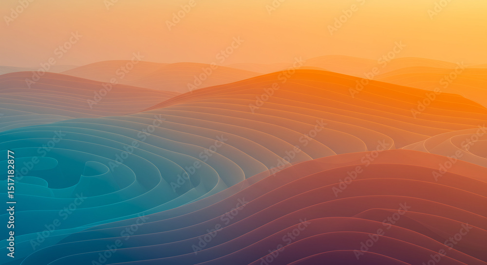 Poster flowing ribbon-like layers create a dynamic abstract terrain, transitioning from fiery orange and ye