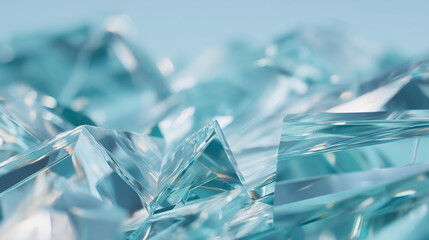 Broken glass cross section close-up, glass background, blue transparent glass texture
