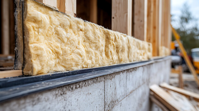 Insulation Installation in Construction: Close-Up of Fiberglass Batt Between Wooden Studs