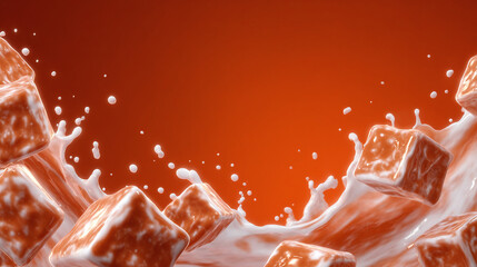 Caramel candy cubes splashing in milk on vibrant orange background, sweet dessert composition for confectionery or dairy product concept