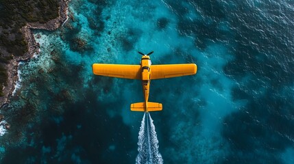 Aerial View of Yellow Seaplane Flying Over Turquoise Ocean Waters near a Coastline