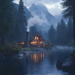 Cozy Cabin by the Lake at Dusk Mountain View and Smoky Fireplace