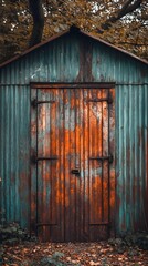 Rusty corrugated metal shed door with autumn leaves A weathered aged and vintage exterior