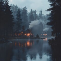 Serene Lakeside Cabin in Misty Forest at Dusk Tranquil Night Scene with Warm Lights Reflecting on Water