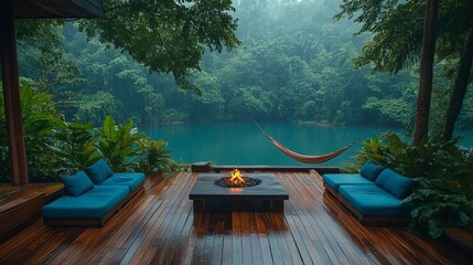 Tranquil Rainforest Getaway Hammock Fire Pit and Luxurious Outdoor Seating on a Rainy Day