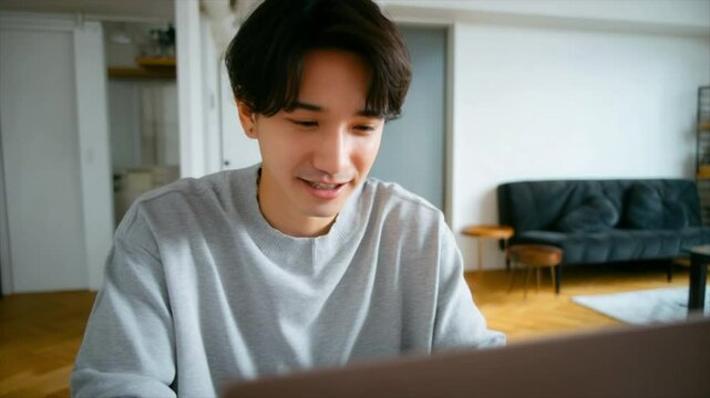 A young Japanese man sits at home on his laptop
