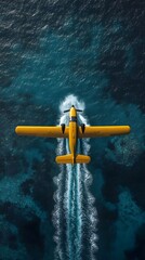Yellow Seaplane Flying Over Ocean Water Creating Wake Aerial View