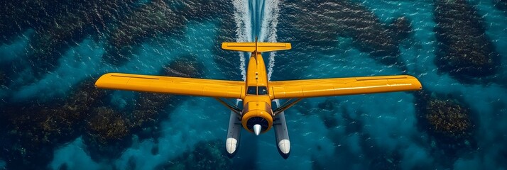 Yellow Seaplane Flying Over Vibrant Ocean Water Aerial View