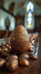 Intricately Carved Golden Egg Amongst Many on Wooden Surface in Church Setting