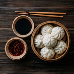 Deliciously steamed savory buns arranged in a bamboo basket served with rich dipping sauces showcasing traditional Asian cuisine settings and culinary artistry captured with clarity