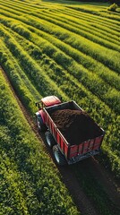Red Tractor Hauling Compost Across Lush Green Agricultural Fields Aerial View of Farming