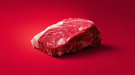 Raw marbled beef steak on solid red background, bold minimal meat composition for butcher product or culinary protein food template