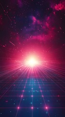 Futuristic Grid Highway Leading to a Bright Starry Nebula Cosmic Background
