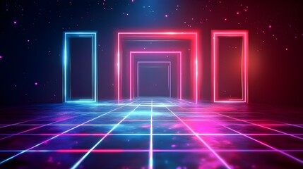 Futuristic Neon Glowing Portal Entrance Abstract Background Design Pink and Blue Lights Shine on a Grid Floor