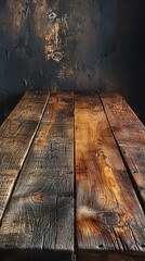 Rustic Wooden Tabletop against Dark Textured Wall Background Perfect for Product Displays or Food
