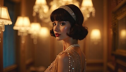 Elegant woman in vintage style pose, wearing beaded fringe dress, long pearl necklace and embellished headband. Retro jazz age era fashion. Beautiful model in a luxury interior with soft lighting.