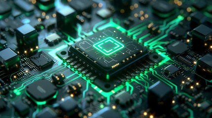 Close up view of a glowing green circuit board with a central processor showcasing intricate technological details