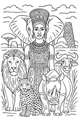 Animals and Woman Line Art Doodle Illustration